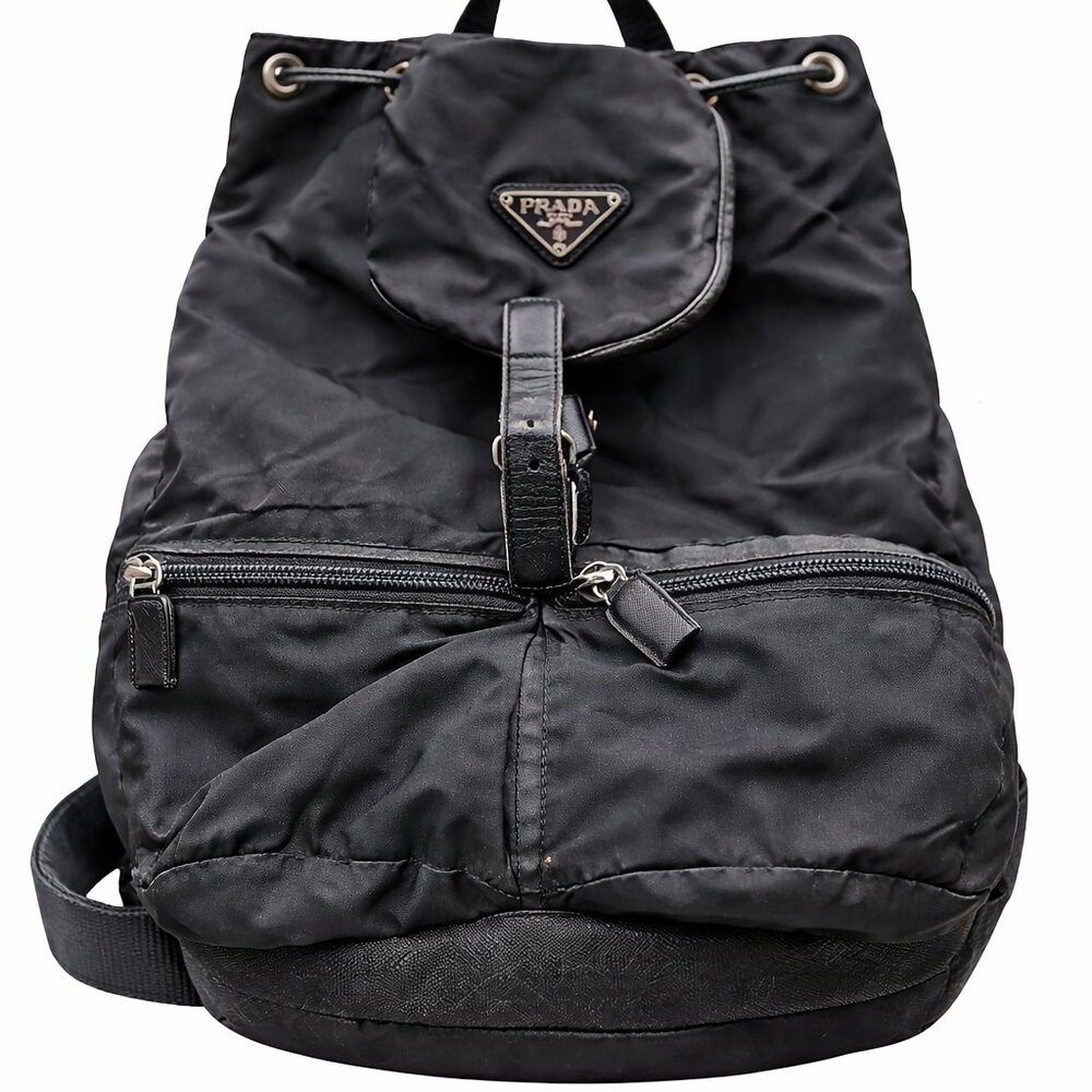 Vintage Prada Tessuto Nylon Vela Backpack Black Double Pocket Logo Plaque
